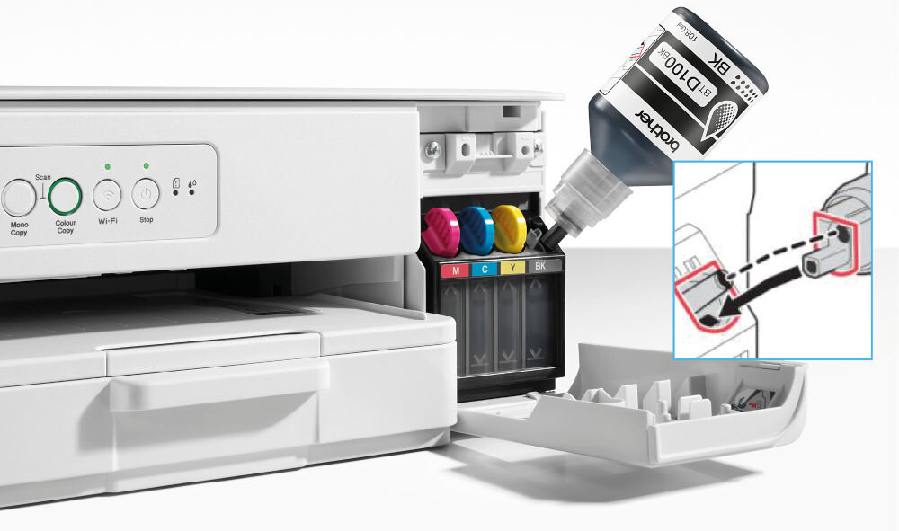 Urządzenie wielofunkcyjne BROTHER DCP-T436W Druk w kolorze, Wi-Fi prezentacja uzupełniania atramentu w urządzeniu jasne tło oszczędność kosztów częste drukowanie uzupełnienie w prosty i czysty sposób wydajność