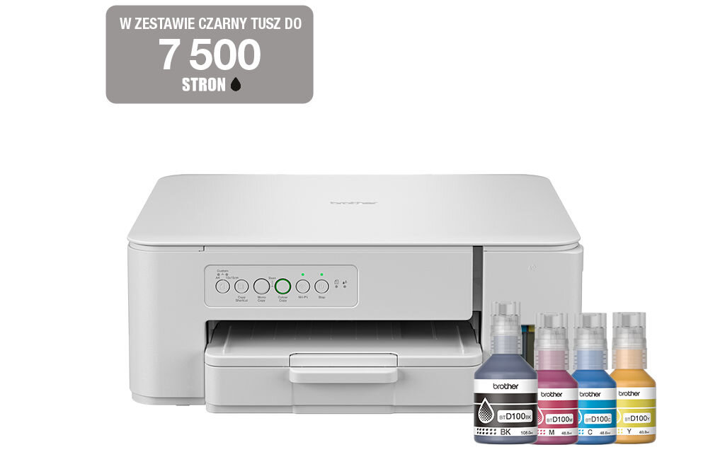 Urządzenie wielofunkcyjne BROTHER DCP-T436W Druk w kolorze, Wi-Fi prezentacja urządzenia od przodu na białym tle z butelkami z atramentem napis w szarym prostokącie w zestawie czarny tusz do 7500 stron wydajność atramentu wydłużenie czasu pracy brak potrzeby martwienia się o częste przerwy