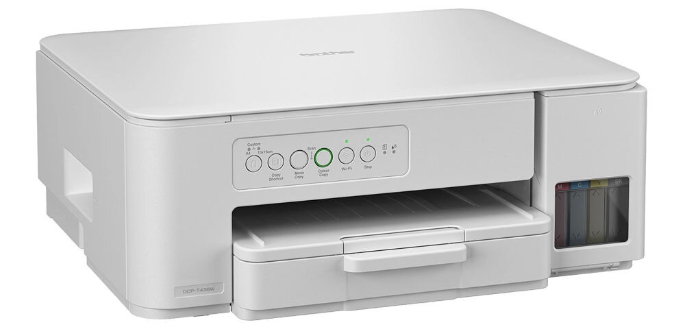 Urządzenie wielofunkcyjne BROTHER DCP-T436W Druk w kolorze, Wi-Fi prezentacja urządzenia od przodu pod kątem na białym tle funkcje 3w1 druk skan kopiuj wygoda organizacja przestrzeni