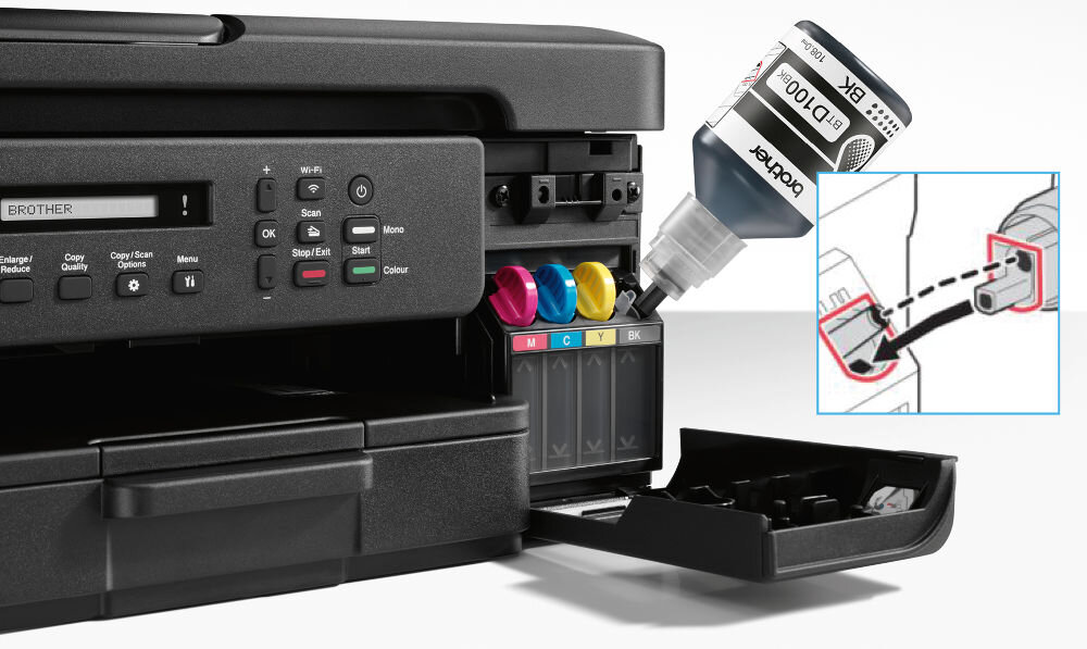 Urządzenie wielofunkcyjne BROTHER DCP-T735DW Druk w kolorze, Automatyczny druk dwustronny, Wi-Fi prezentacja uzupełniania atramentu w urządzeniu jasne tło oszczędność kosztów częste drukowanie uzupełnienie w prosty i czysty sposób wydajność