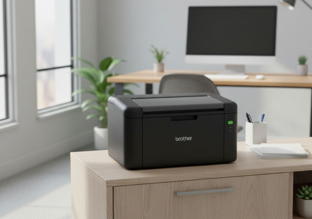 Drukarka BROTHER HL-L1232W, Wi-Fi prezentacja urządzenia w jasnym pokoju na szafce obok duże wysokie okno z tyłu biurko z monitorem