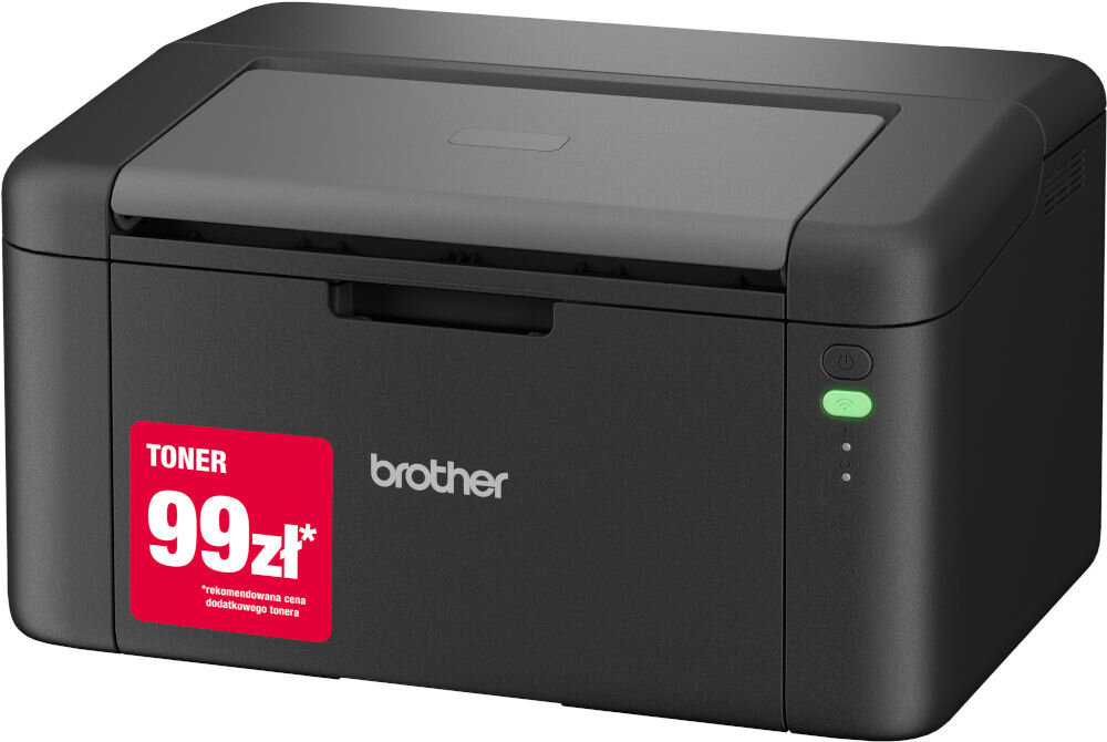 Drukarka BROTHER HL-L1232W, Wi-Fi prezentacja urządzenia na białym tle pod kątem z naklejką Obsługa papieru od 64 do 105 g/m² w różnych zastosowaniach elastyczność zwykły papier papiery firmowe cienkie bloczki realizacja różnorodnych zadań biurowych