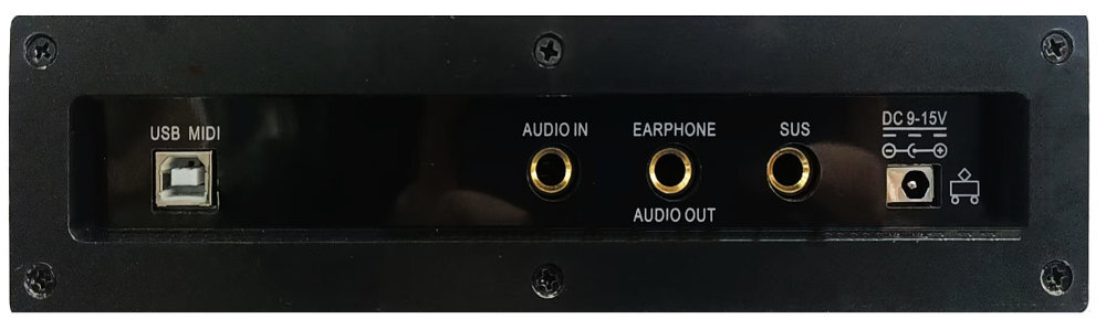 V-TONE BL-980 WH porty audio USB MIDI wejście pedał sustain, kadr złącz pianina