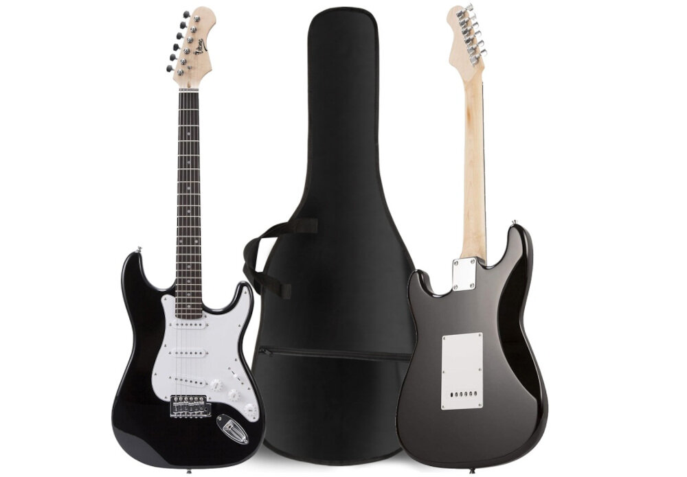 Gitara elektryczna V-TONE EGA 39 BK 4/4 Stratocaster czarne wykończenie połysk ergonomiczny korpus, gitara elektryczna w różnych pozycjach z pokrowcem