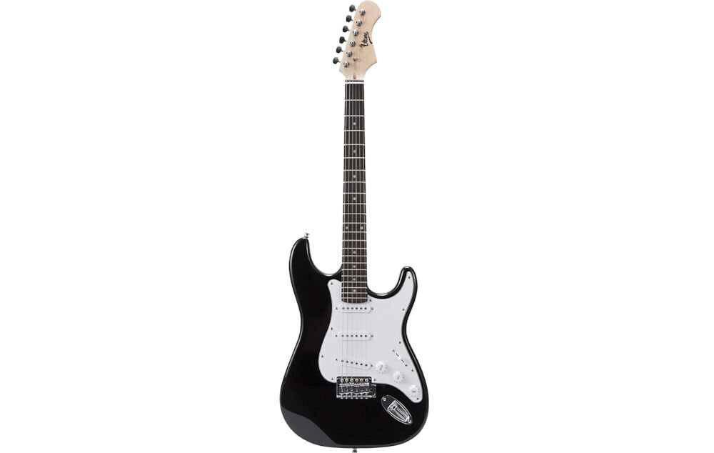 Gitara elektryczna V-TONE EGA 39 BK 4/4 pełnowymiarowa skala 648 mm nauka gry, gitara od frontu na białym tle