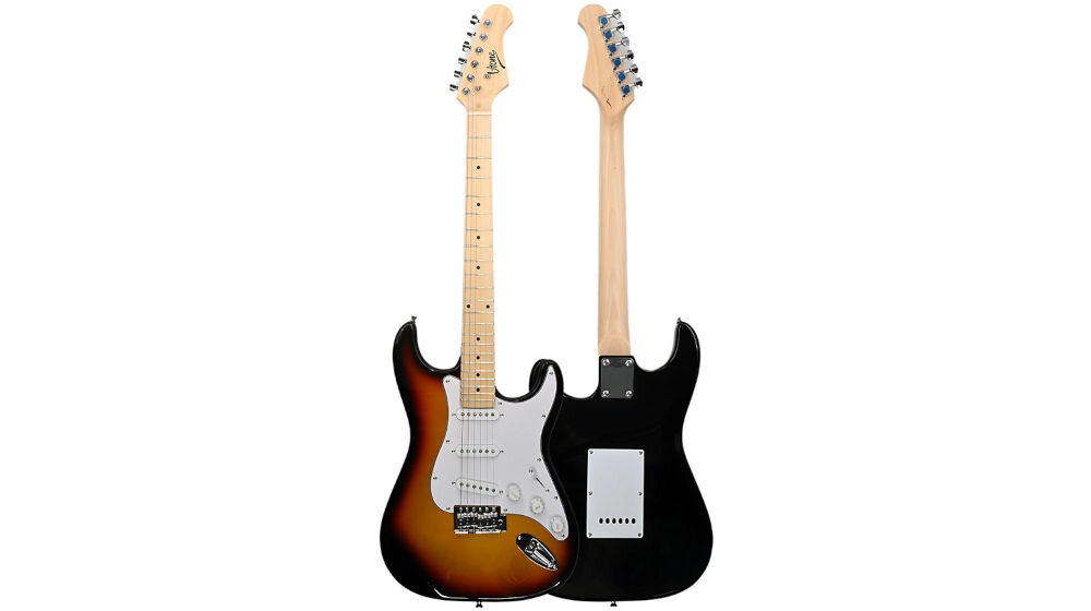 Gitara elektryczna V-TONE EGA 39 BK mostek tremolo efekty dźwiękowe, gitara od frontu i od tyłu na białym tle