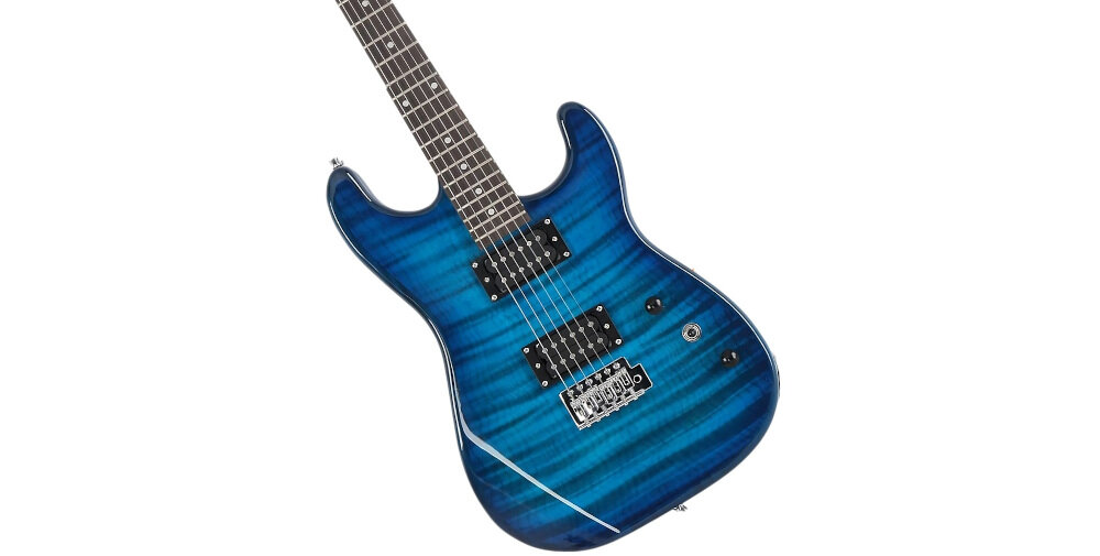 Gitara elektryczna V-TONE EWG 39 niebieskie wykończenie w połysku, estetyczny wygląd, gitara od frontu na białym tle