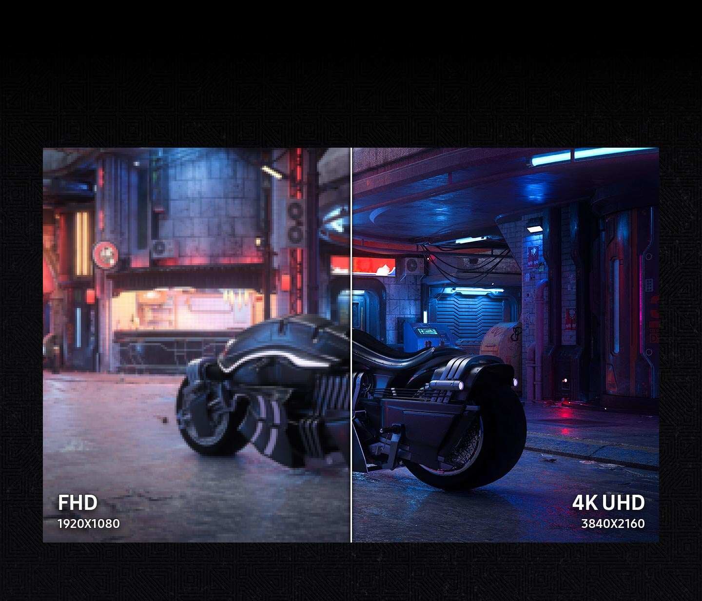 Obraz przedstawia porównanie jakości obrazu między FHD 1920x1080 a 4K UHD 3840x2160, z futurystycznym motocyklem na tle miejskiej scenerii. Po lewej stronie obraz jest mniej wyraźny, a po prawej bardziej szczegółowy.