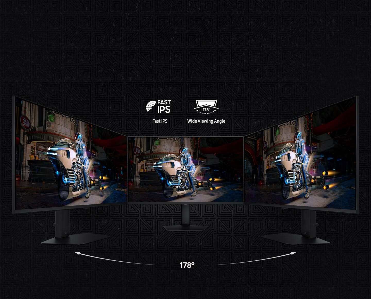 Trzy monitory wyświetlają ten sam obraz przedstawiający postać na motocyklu w futurystycznym otoczeniu. Na górze widoczne są ikony z napisami \'FAST IPS\' i \'Wide Viewing Angle\', a poniżej napis \'178°\'.