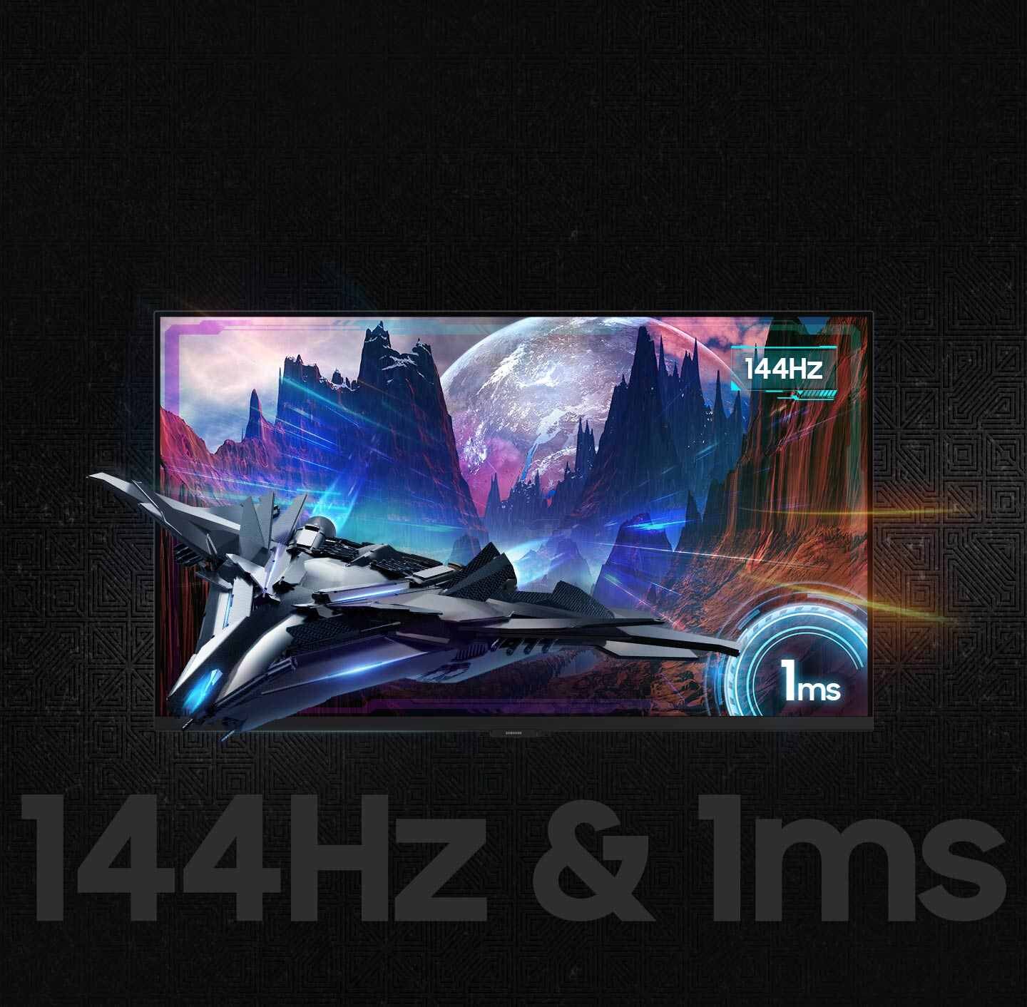 Obraz przedstawia monitor z dynamiczną grafiką przedstawiającą futurystyczny krajobraz i statek kosmiczny. Na ekranie widoczne są napisy \'144Hz\' i \'1ms\'.