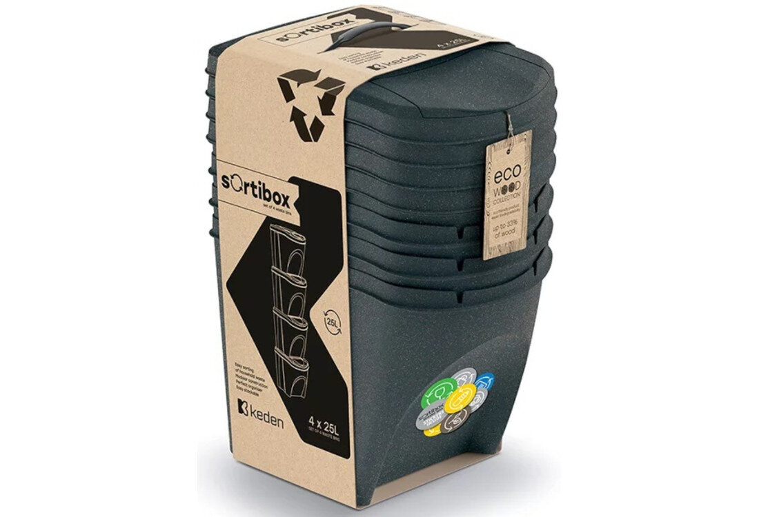 Kosz na śmieci KEDEN SORTIBOX IKWB25S4W 4 x 25L Antracytowy  Przemyślana konstrukcja wytłoczenia w pokrywach wgłębienia w korpusach łatwo zestawiać w szeregi lub piętrować w stabilne słupki z czterech koszy o pojemności 4 × 25 litrów waga wymiary głębokość szerokość wysokość