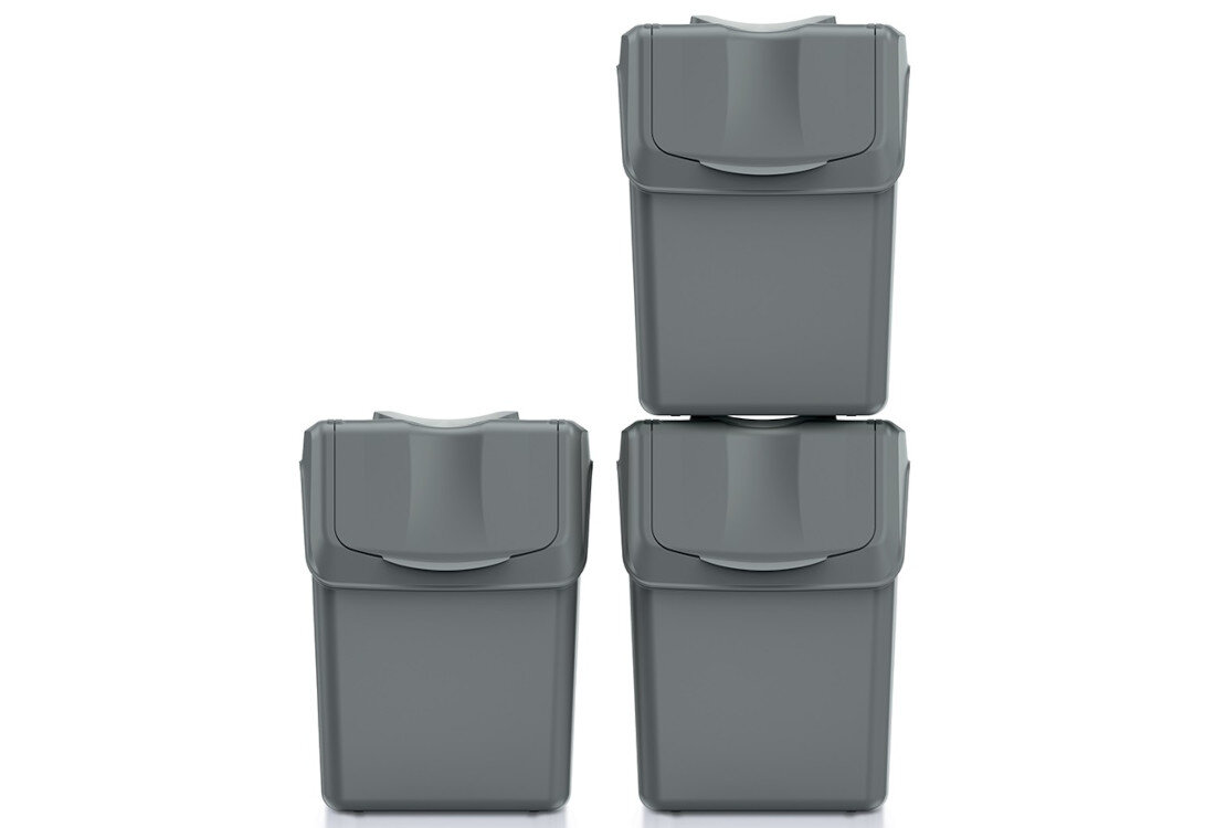 Kosz na śmieci KEDEN SORTIBOX ISWB20S3 3 x 20L Szary Funkcjonalny zestaw trzech pojemników o pojemności 20 litrów każdy z trwałego tworzywa sztucznego  w eleganckim, szarym kolorze uchylne klapki w pokrywach