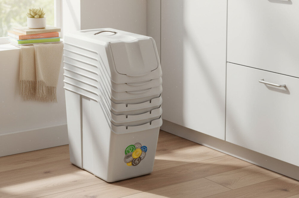 Kosz na śmieci KEDEN Sortibox ISWB20S4 4 x 20L Popielaty design prezentacja wizualizacja wygląd Wygodna segregacja odpadów