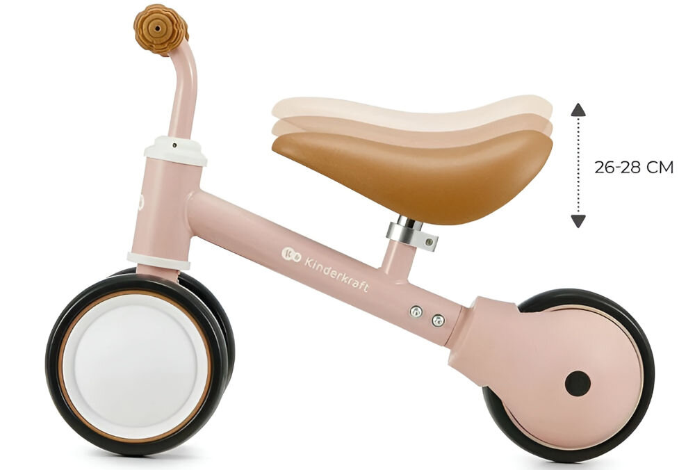 Kinderkraft rowerek biegowy CUTIE PINK różowy rowerek brązowe siodełko gumowe uchwyty przedstawiona regulacja białe tło rozwija się razem z Twoim dzieckiem Regulowane siodełko (zakres 26–28 cm) za pomocą praktycznego klucza imbusowego przez wiele lat wspieranie rozwoju motorycznego dziecka wyjątkowy komfort jazdy praktyczność troska o zdrowy rozwój dziecka