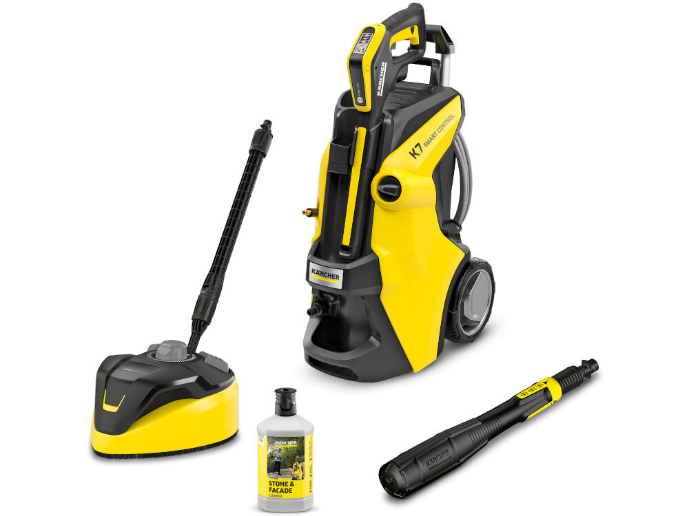 Myjka ciśnieniowa KARCHER K7 Smart Control Flex Home 1.317-341.0 lanca Multi Jet 3w1 narzędzie do czyszczenia powierzchni płaskich T-Racer wąż wysokociśnieniowy 10 m złączka 3/4 środek do czyszczenia kamienia 3w1 1 l dokumentacja białe tło