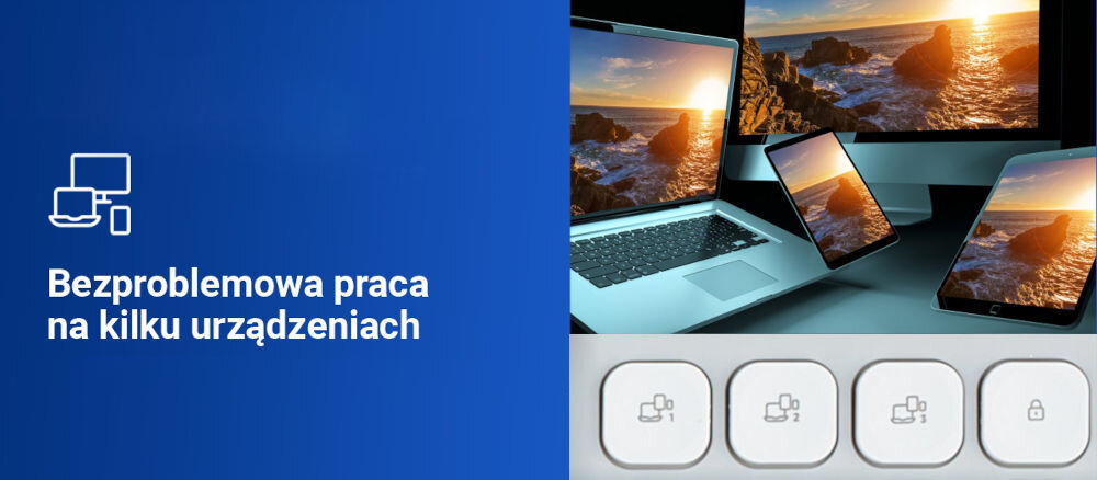 Zestaw HAMA WKM-550 Biało-szary,
możliwość jednoczesnego sparowania z trzema urządzeniami poprzez 1 kanał radiowy i 2 połączenia bluetooth, szybkie przełączanie między urządzeniami za pomocą dedykowanych przycisków,
niebieskie tło, laptop, tablet, smartfon, przyciski do przełączania urządzeń, napis bezproblemowa praca na kilku urządzeniach