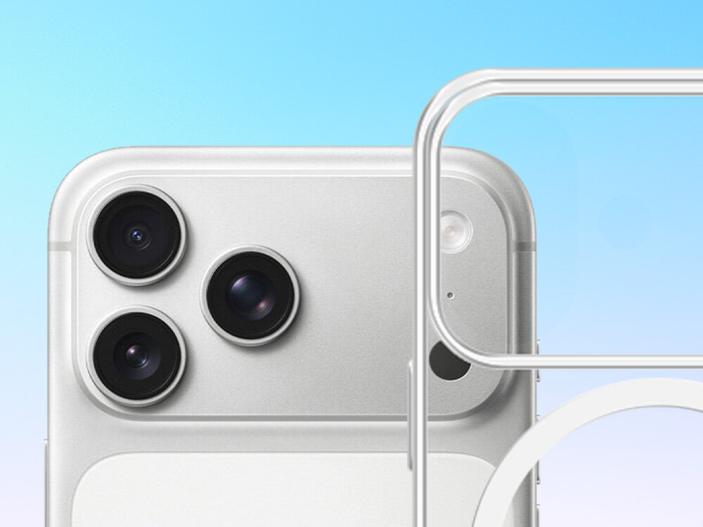 Etui 3MK MagCase do Apple iPhone 17 Pro Max Przeźroczysty, półtransparentne, solidny, wysublimowany, wyeksponować, na niebieskim tle etui wraz z smartfonem frontem na wprost