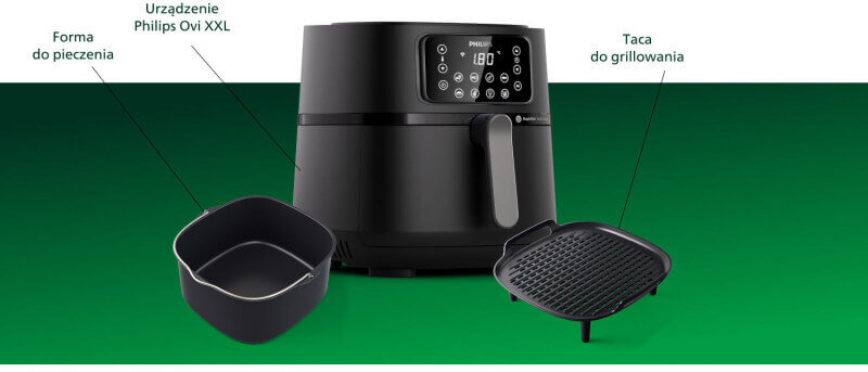 Zawartość opakowania - Philips Ovi XXL wraz z formą do pieczenia i tacą do grillowania Zawartość opakowania - Philips Ovi XXL wraz z formą do pieczenia i tacą do grillowania