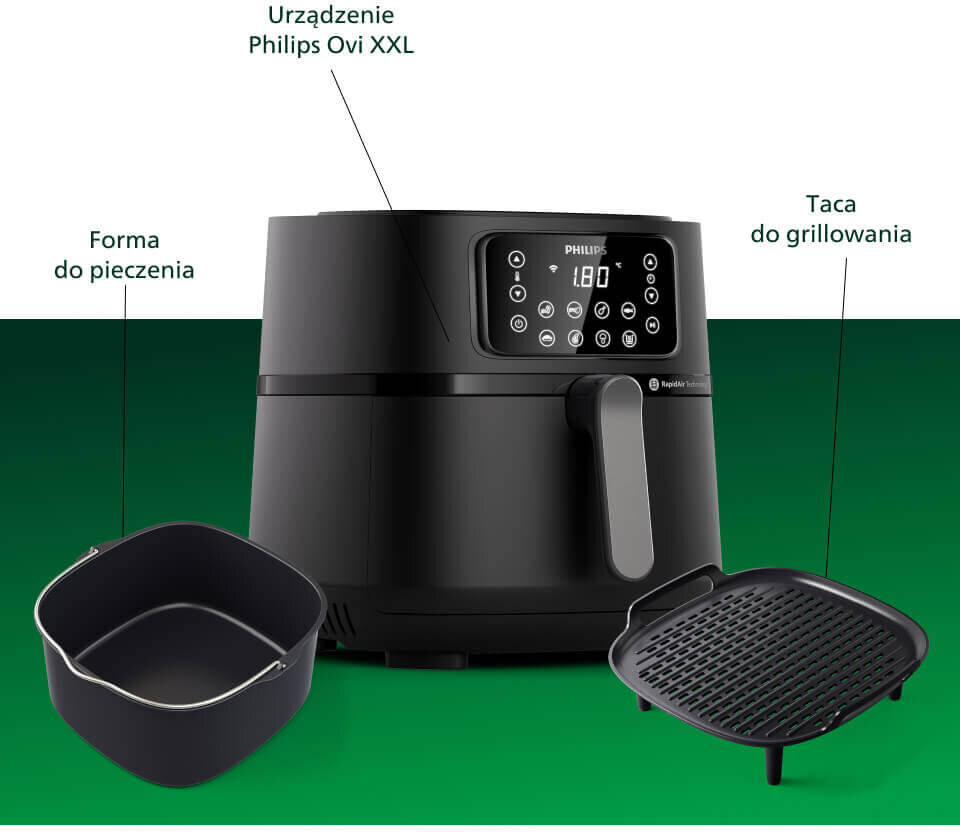 Zawartość opakowania - Philips Ovi XXL wraz z formą do pieczenia i tacą do grillowania Zawartość opakowania - Philips Ovi XXL wraz z formą do pieczenia i tacą do grillowania