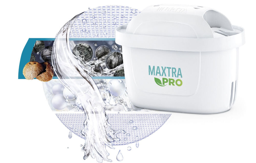 Dzbanek filtrujący BRITA Marella Szary + 3 wkłady Maxtra Pro Pure Performance technologia filtrów MAXTRA PRO PURE PERMOFANCE czysta smaczna woda węgiel aktywny z łupin orzecha kokosowego redukcja chloru perełki wymiennika jonowego zmiękczenie wody zmniejszenie ilości metali cięzkich dodatkowa siatka filtrująca przejrzysta woda zdrowa przyjemna do picia dla calej rodziny