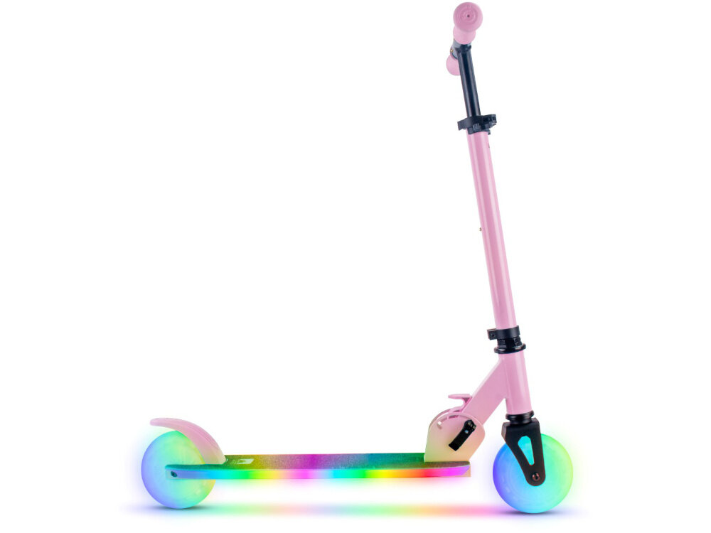 Różowa hulajnoga dziecięca z podświetlanymi kołami i podestem w kolorach tęczy. Kierownica jest regulowana, a konstrukcja wykonana z metalu i tworzywa sztucznego.