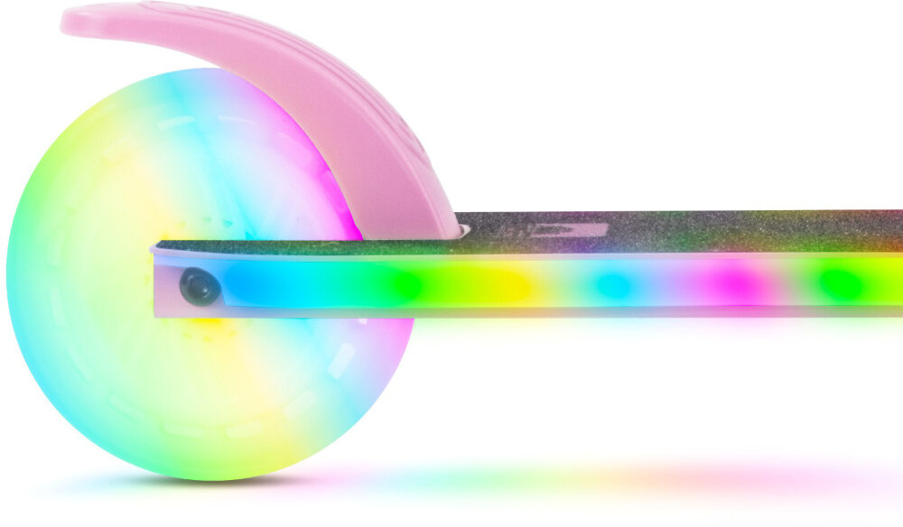 Obraz przedstawia tylne koło hulajnogi z różowym błotnikiem, które świeci w różnych kolorach tęczy. Podest hulajnogi również emituje kolorowe światła.
