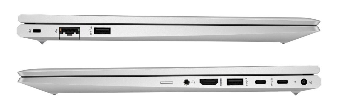 Porty i złącza w laptopie HP ProBook 450 G10 – widok lewej i prawej strony z opisanymi portami Ethernet, USB-A, HDMI, USB-C, gniazdem audio i zasilania, demonstrujący bogate możliwości połączeń.  - złącza USB-A, USB Typu-C, Ethernet, HDMI 