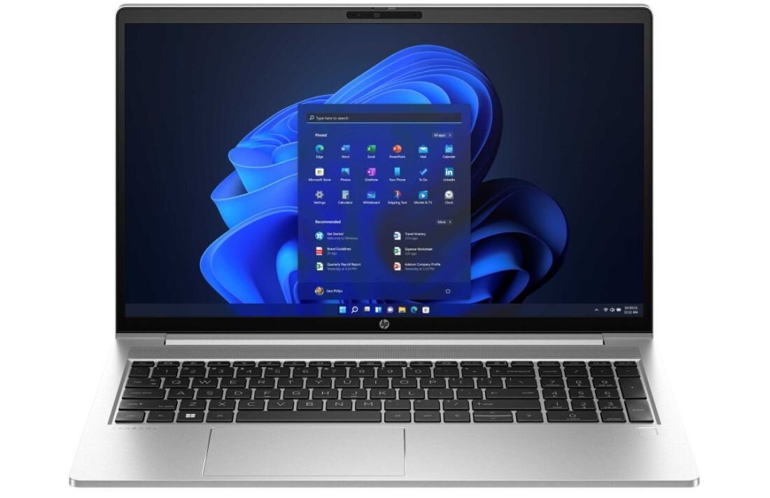 Laptop HP ProBook 450 G10 w srebrnej obudowie, widok frontalny z otwartym ekranem prezentującym interfejs Windows 11 z menu Start i dynamiczną, abstrakcyjną tapetą w odcieniach niebieskiego. - Intel Core i karta graficzna   