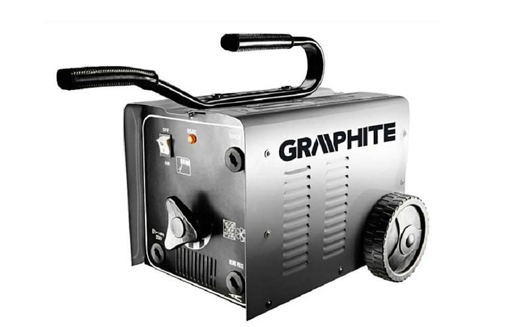 GRAPHITE-56H800 spawarka transformatorowa amatorskie prace spawalnicze gniazdko sieciowe transport kółka uchwyt kabel maska młotek wentylator chłodzący zabezpieczenie przeciążeniowe