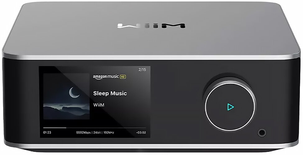 Wzmacniacz WiiM Ultra Amp streaming Spotify TIDAL HDMI ARC multiroom Chromecast Spotify Connect, odtwarzacz od frontu na białym tle