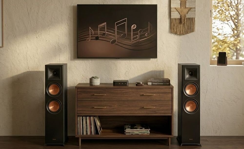 Kolumna głośnikowa KLIPSCH RP-8000F wysokiej klasy kolumna podłogowa audio do kina domowego i stereo z tubą Tractrix i wysoką skutecznością, kolumny głośnikowe stojące obok komody w pomieszczeniu