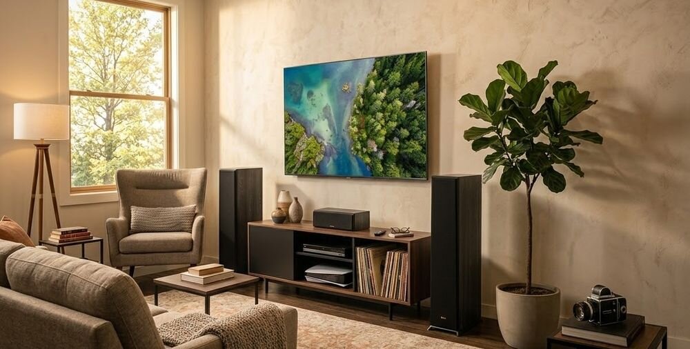 Kolumna głośnikowa KLIPSCH RP-8000F tuba Tractrix 90x90 i tytanowy głośnik wysokotonowy LTS szczegółowe wysokie tony, kolumny głośnikowe stojące obok komody w pomieszczeniu