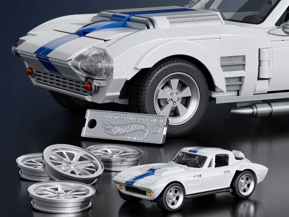 Klocki plastikowe BRICK SHOP Hot Wheels Elite Series Corvette Grand Sport JGR31 zestaw duży samochód mały samochód złote felgi tabliczka breloczek