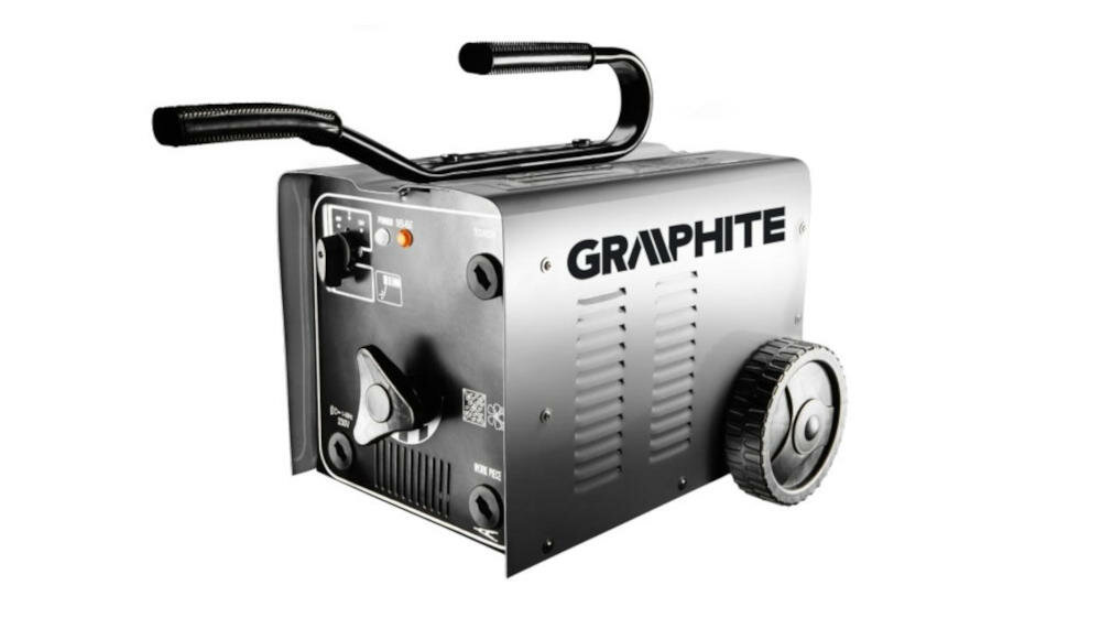 GRAPHITE-56H804 spawarka transformatorowa prace spawalnicze transport kółka uchwyt kabel maska młotek wentylator chłodzący zabezpieczenie przeciążeniowe