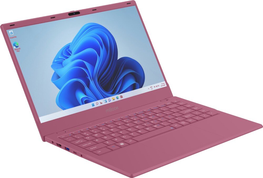 Laptop MAXCOM Office mBook14 Lite Plus Otwarty laptop w kolorze granatowym widziany z lewego profilu z widocznym pulpitem systemu, procesor, pamięć RAM, dysk