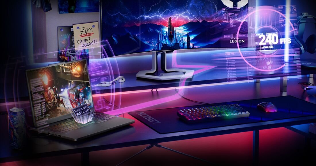  Setup gamingowy z laptopem Lenovo Legion po lewej wyświetlającym grę Valorant z czerwonymi postaciami, monitor 240 FPS po środku z futurystycznym miastem cyberpunk niebiesko-fioletowym, klawiatura RGB wielokolorowa i mysz na czarnym podkładzie, różowo-fioletowe paski neonowe LED pod biurkiem, notatka Zpm DO NOT FORGET na ścianie, estetyka profesjonalnego stanowiska e-sportowego. -  LENOVO AI Engine+, Smart FPS  