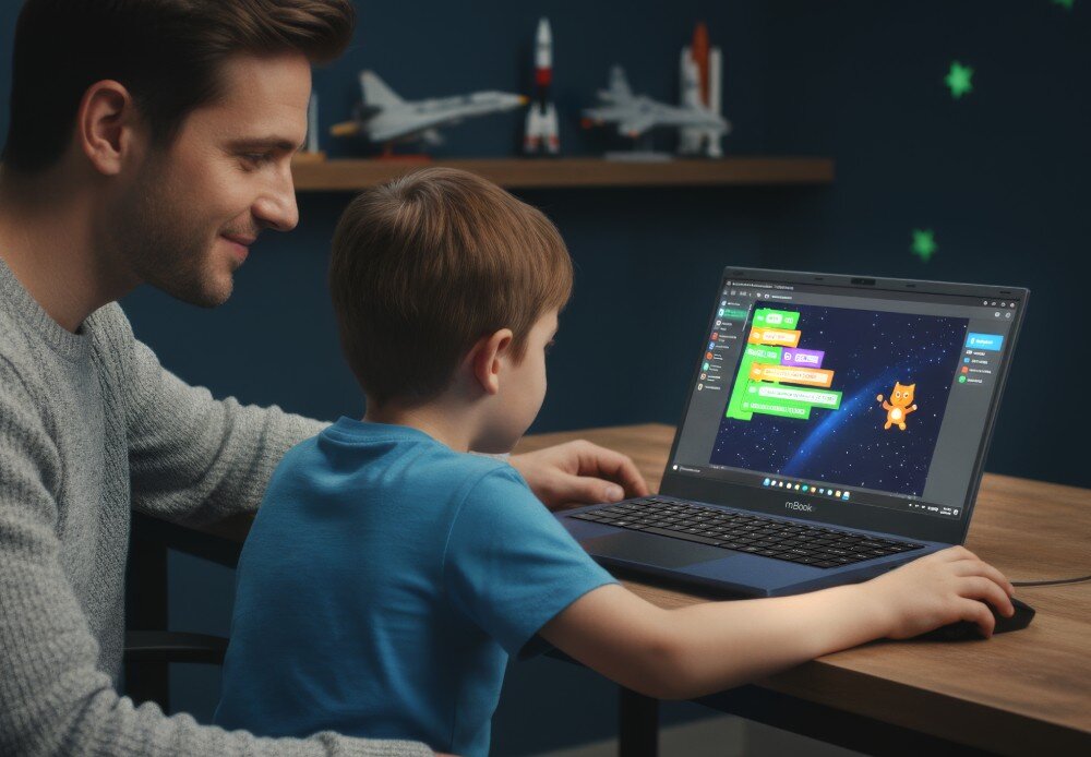 Laptop MAXCOM Office mBook14 Lite Plus Mężczyzna i chłopiec siedzą przy biurku patrząc na ekran granatowego laptopa z programem do nauki kodowania, opis
