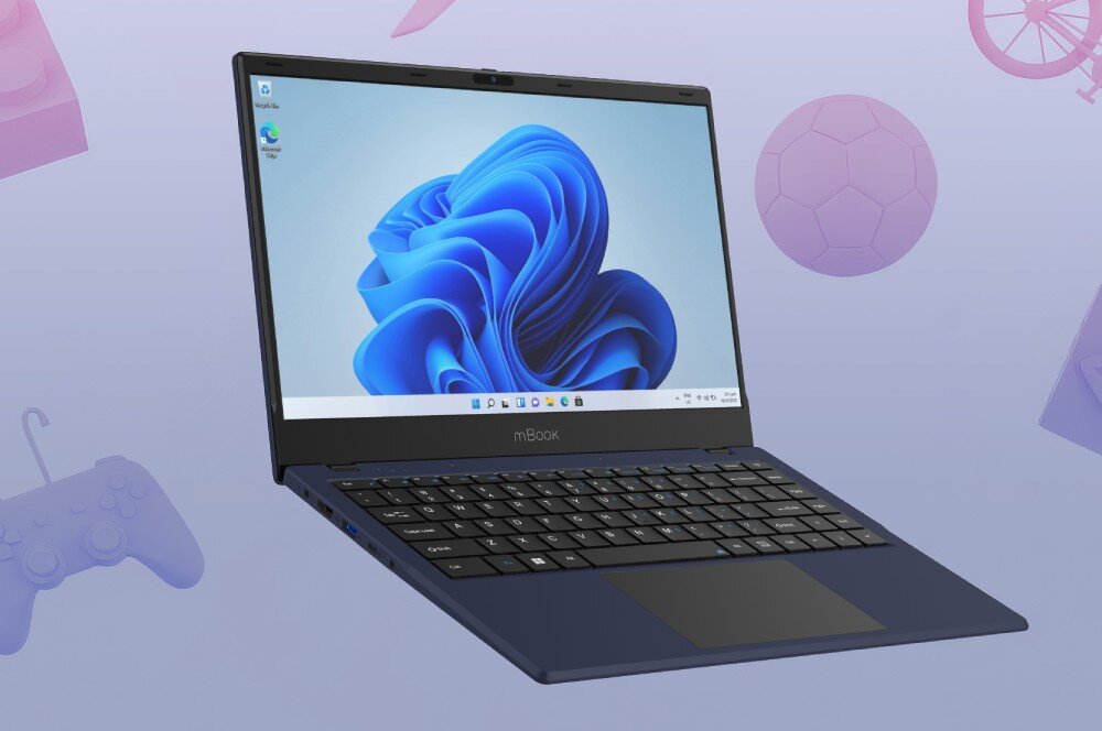 Laptop MAXCOM Office mBook14 Lite Plus Otwarty granatowy laptop na fioletowym tle z lewitującymi obiektami 3D takimi jak kontroler do gier, przeznaczenie, zalety