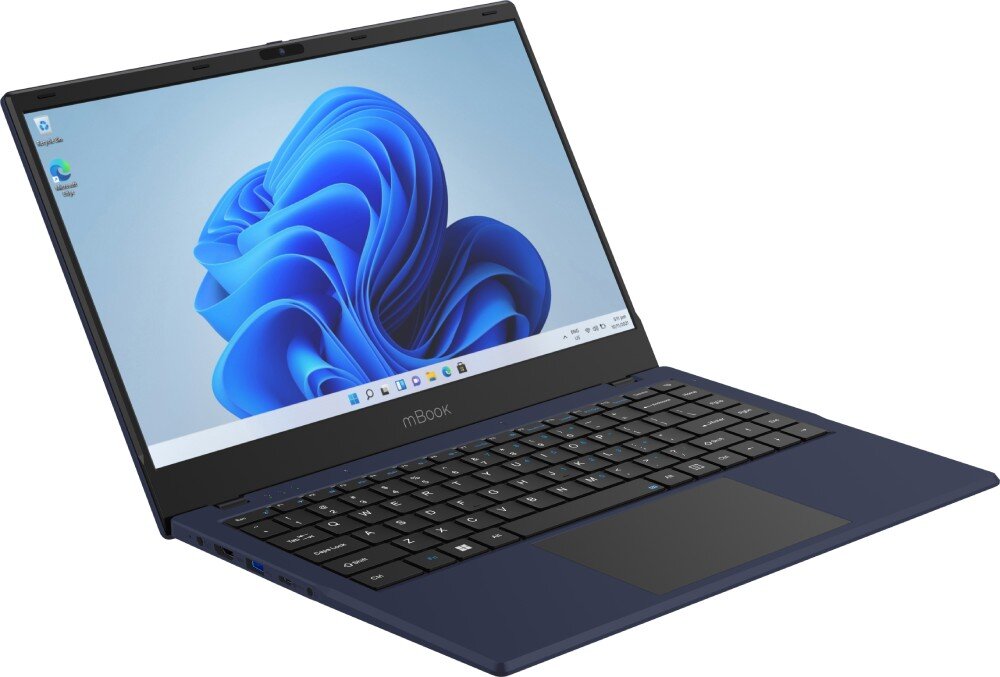 Laptop MAXCOM Office mBook14 Lite Plus Otwarty laptop w kolorze granatowym widziany z lewego profilu z widocznym pulpitem systemu, procesor, pamięć RAM, dysk