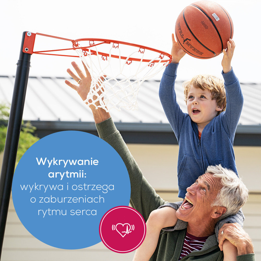 Dziecko trzyma piłkę do koszykówki, siedząc na ramionach starszego mężczyzny, który stoi przy koszu. Na obrazie widoczny jest tekst: \'Wykrywanie arytmii: wykrywa i ostrzega o zaburzeniach rytmu serca\'.