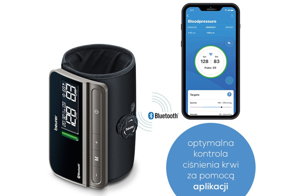 Na obrazie widoczny jest czarny ciśnieniomierz z wyświetlaczem cyfrowym oraz smartfon z aplikacją pokazującą wyniki pomiaru ciśnienia krwi. Obok znajduje się napis: \'optymalna kontrola ciśnienia krwi za pomocą aplikacji\'.