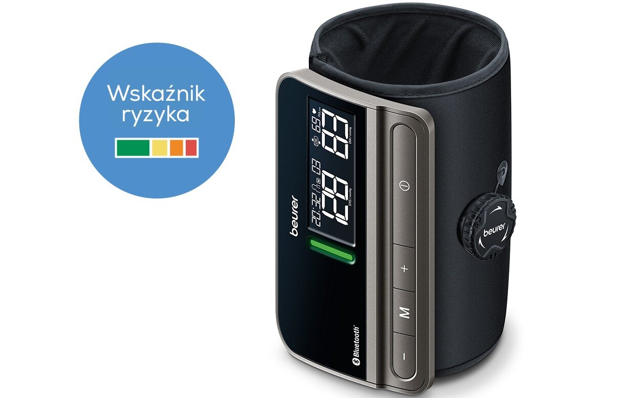 Na obrazie znajduje się czarny ciśnieniomierz z wyświetlaczem cyfrowym, na którym widoczne są liczby. Obok znajduje się okrągły symbol z napisem \'Wskaźnik ryzyka\' i kolorową skalą.