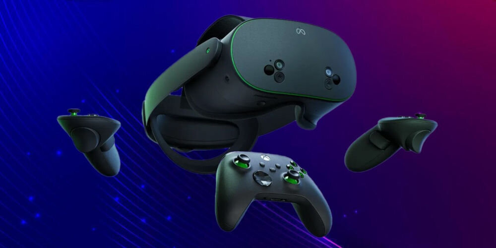 Gogle VR OCULUS Meta Quest 3S Xbox Edition 128GB Czarny prezentacja zestawu z padem lewituące w powietrzu fioletowo-granatowy gradient w tle