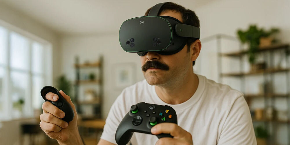 Gogle VR OCULUS Meta Quest 3S Xbox Edition 128GB Czarny mężczyzna grający na padzie z założonymi goglami w pokoju rozdzielczość ostry obraz częstotliwość większa moc obliczeniowa względem Quest 2 dokładne odwzorowanie świata VR