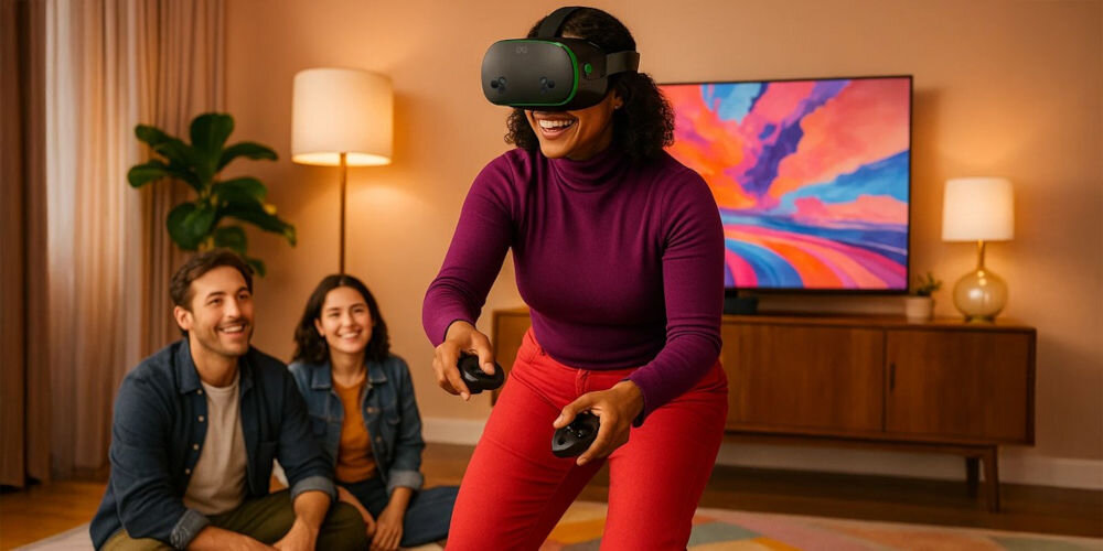 Gogle VR OCULUS Meta Quest 3S Xbox Edition 128GB Czarny kobieta grająca na kontrolerach z założonymi goglami VR w ciepło oświetlonym pokoju w tle telewizor z regałem na dywanie siedzi mężczyzna i kobieta procesor szybkie ładowanie aplikacji pamięć brak konieczności częstego kasowania danych