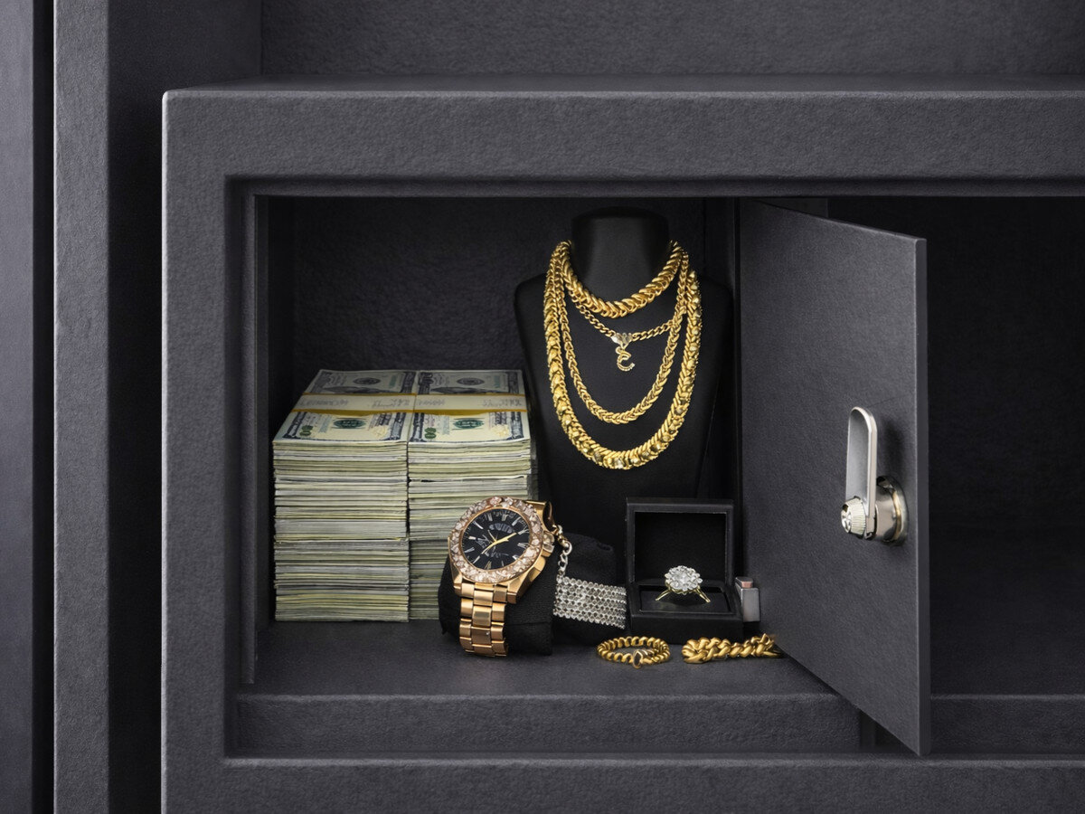 Sejf na broń VALBERG Arsenał 1253 KL Grafitowy, sejf, schowek, przechowywanie, biżuteria, zbliżenie na skarbczyk otwarty w sejfie na broń