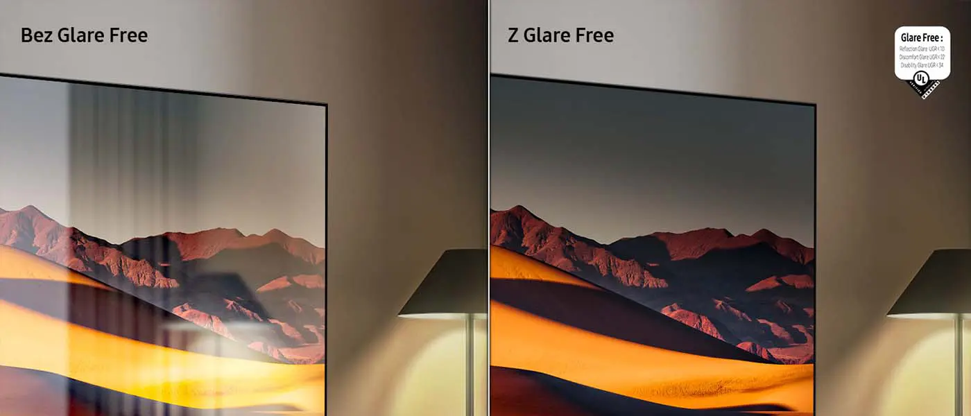Obraz przedstawia porównanie dwóch ekranów telewizorów z napisami \'Bez Glare Free\' i \'Z Glare Free\'. Po lewej stronie widać odbicie lampy na ekranie, a po prawej ekran jest wolny od odbić.