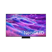 Telewizor z wyświetlaczem pokazującym abstrakcyjne, kolorowe wzory w odcieniach fioletu i niebieskiego. Na ekranie widoczny jest napis \'Neo QLED\'.