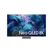 Telewizor z napisem \'Neo QLED 8K\' na ekranie, przedstawiający abstrakcyjny, kolorowy wzór. Pod ekranem widoczna jest prostokątna podstawa.