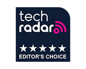 Logo z napisem \'tech radar\' oraz pięcioma gwiazdkami i tekstem \'EDITOR\'S CHOICE\'.